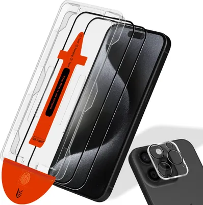 Zdjęcie produktu dla 2-Pack iPhone 15 Pro Max Ochrona Ekranu & 1-Pack Ochrona Aparatu - Hartowane Szkło | [Automatyczna Instalacja] - Bez Pęcherzyków