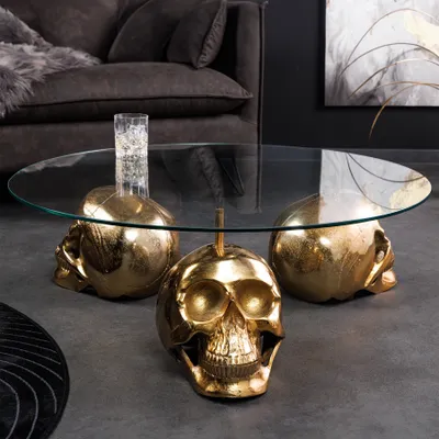 Produktbild von riess-ambiente Design Couchtisch SKULL XXL 90cm gold rund Glasplatte Metall Totenkopf Beistelltisch Tisch