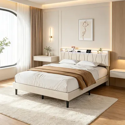 Zdjęcie produktu dla Łóżko platformowe INONEFT, obite, 140x200 cm, z podświetleniem LED i stacją ładowania. Łóżko z pojemnikiem na pościel, idealne dla młodzieży. Stelaż łóżka z listwami, kolor: beżowy, materiał: len