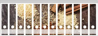 Produktbild von Wallario Ordnerrücken Sticker, selbstklebend für breite Ordner, 12 Stück, Motiv Aromatische trockene Gewürze in der Küche
