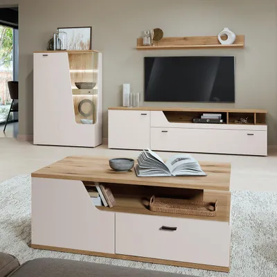 Produktbild von Wohnzimmer-Set in Kaschmir & Eiche mit Couchtisch, 4-teilig - CARMONA-129