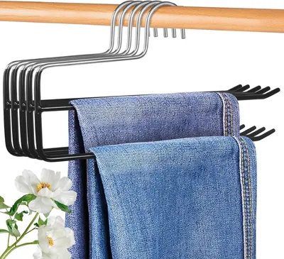 Obrázok produktu pre Držák na nohavice – sada 5 kusov – organizéry na nohavice a oblečenie – kov – úsporný vešiak (čierna farba)