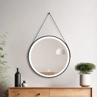 Image de Heilmetz Miroir de salle de bain rond 60cm Miroir avec éclairage Touch Lumière blanche froide Miroir avec suspension à bande Style industriel élégant
