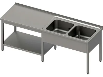 Produktbild von Cheftisch mit Grundboden unter der Arbeitsfläche, mit zwei Becken rechts 1900x600x850 mm, mit Aufkantung, verschweißt
