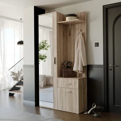 Produktbild von IDOHOME-Garderobenschrank LEA mit Schuhschrank Garderobenständer und Spiegel für den Flur Sonoma Haken Schuhregale Kleiderständer 97x195x30 cm