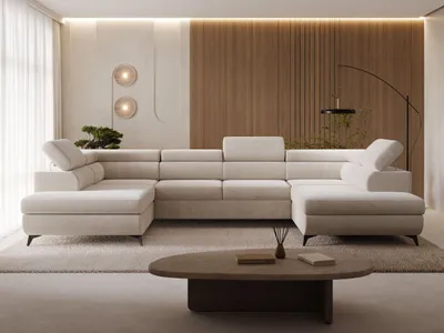 Produktbild von GrainGold Ecksofa U-Form Argon - Ecksofa mit Schlaffunktion, Bettkasten - Moderne Ecksofa, Wohnzimmer Sofa - Eckcouch mit Velvet-Stoff - Beige (Castel 15)