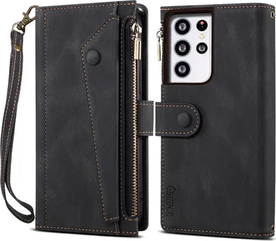 A black leather wallet case for a Samsung Galaxy S21 Ultra 5G phone is shown, split into two views.