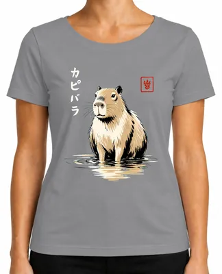 Imagen del producto de Capibara, "Wasserschwein" (cerdo de agua), Japón, Katakana, Sumie, arte, Zen, Y2K, animal pequeño, camiseta para mujer, gris, talla M