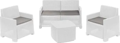 Produktbild von Outdoor-Lounge-Set Peschici, Gartenkomposition mit 2 Sesseln, 1 Sofa und 1 Aufbewahrungstisch, Rattan-Effekt mit Kissen, 100 %  Italy, Weiß