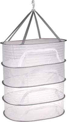 A hanging mesh drying rack with multiple shelves.