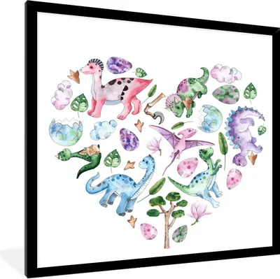 Produktbild von MuchoWow® Gerahmtes Poster Kinderzimmer - Herz - Dinosaurier - Mädchen - Kinder - Rosa 40x40 cm - Poster mit Schwarzem Bilderrahmen Wandposter Rahmen Foto Bilder - Mit Rahmen - Wanddekoration Schlafzimmer