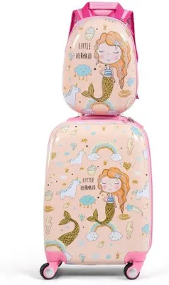 Produktbild von Unyqoos® 18" Kinderkoffer + 12" Rucksack-Set – Handgepäck Meerjungfrau Pink, ABS-Hartschale & Oxford, 4x360° Rollen, höhenverstellbarer Teleskopgriff, wasserabweisend
