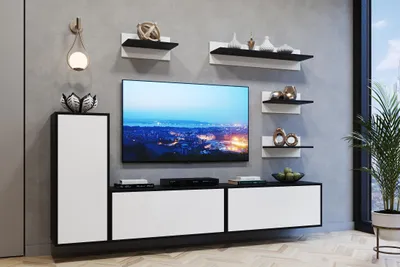 Wohnwand TV 219 cm Weiß-Schwarz Matt
