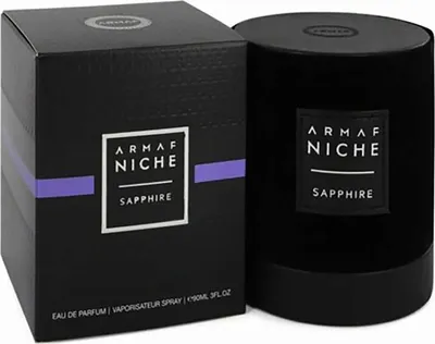 A black box and a black cylindrical container for Armaf Niche Sapphire Eau de Parfum.