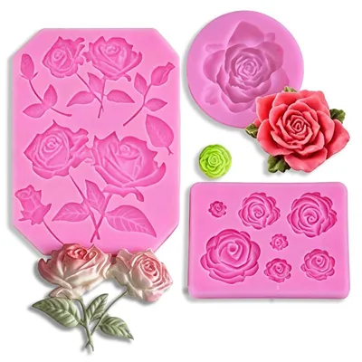 Produktbild von 3 Stück 3D Rosen Silikonform für Kuchen, Gelee, Muffins, Süßigkeiten (Rosa)