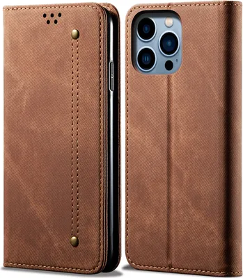 A brown leather flip-style phone case for an iPhone 15 Pro Max is shown, with the phone inserted into the case.