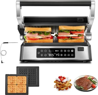 Obrázok produktu pre Kontaktný gril – výrobník sendvičov – výrobník vafli – univerzálne varenie – 4 odnímateľné platne – 2200 wattov – čierna farba