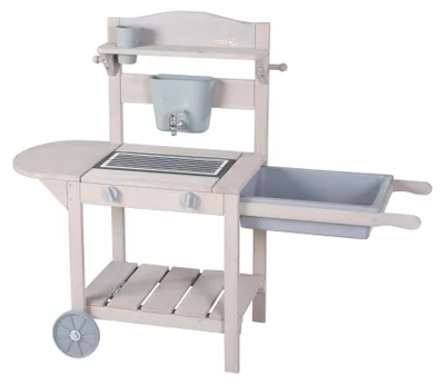 Produktbild von roba Mobile Matschküche BBQ für Kinder aus Holz - Spielküche mit Rollen & Spielwanne - Nutzbar Indoor & Outdoor - Ab 18 Monaten - Grau lasiert