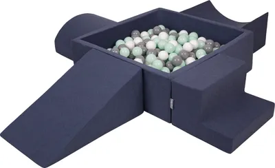 Obrázok produktu pre KiddyMoon Mäkké penové ihrisko pre deti s Štvorec loptičkovým ihriskom (300 ∅ 7 cm) s mäkkými prekážkami a loptičkovým bazénom,  vyrobené v EÚ, Tmavomodrá:Biela/Grey/Mätový, Verzia 5