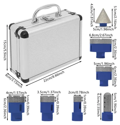 Image de Scies cloches diamantées pour carrelage - Jeu de scies cloches M14, 7 pièces - 20/35/40/50/68 mm - Avec coffret - Soudées sous vide - Pour carrelage, marbre, brique - Bleu
