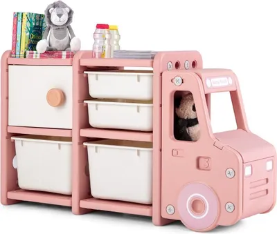 Immagine prodotto di Scaffale per giocattoli a 2 livelli per bambini con cassetti e contenitori 110 x 32 x 66 cm rosa
