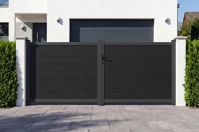 Produktbild von ATHOS 3,5 m H. 160 cm anthrazitgraues Massivholz-Schwingtor mit Aluminiumrahmen