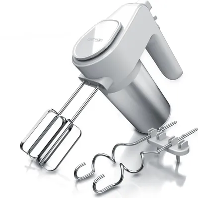 A white and silver electric hand mixer with beaters and dough hooks is displayed against a white background.