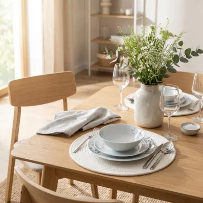 Produktbild von PRIMA DECO Porzellan-Tafelservice 18-teilig rund NATURA mit grauem Blattmotiv, Set für 6 Personen