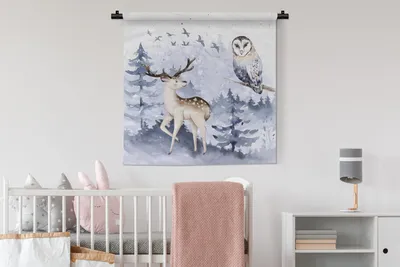 Produktbild von MuchoWow® Wandteppich Wandbehang Winter - Rotwild - Eule 90x90 cm Tapisserie Dekoration Wandtuch - Wandaufhänger