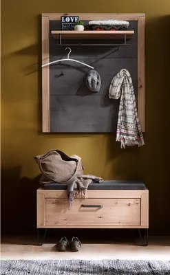 Produktbild von Garderobenbank inkl. Sitzkissen und Wandgarderobe Eiche, grau IOLA-05