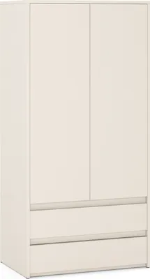 A front view of a white wardrobe with two doors and two drawers.
