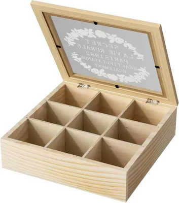 Theedose aus Holz, 9 Fächer, 24x24x7 cm, mit Sichtfenster