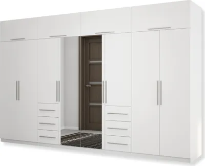 A modern white wardrobe with a mirrored door and a brown interior door visible through the mirror.