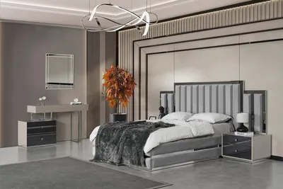 Produktbild von Elegante Graue Schlafzimmer Garnitur Luxus Polsterbett Nachttische