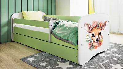 Produktbild von Kinderbett Grün 70x140 80x160 80x180 cm – mit Matratze, Rausfallschutz und Schublade – Jugendbett für Mädchen und Jungen – Stabil und Sicher – Bambi – 160x80 cm, KI-generiertes Bild