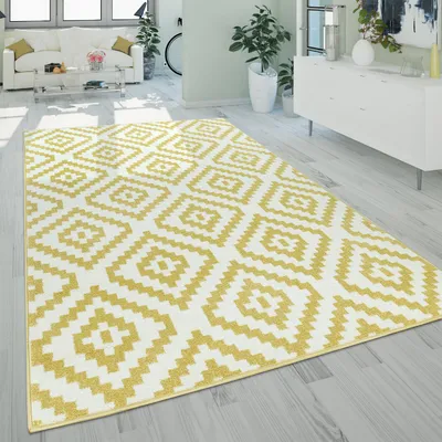 Image de Tapis de salon à poils courts Motif géométrique ethnique pastel Jaune Blanc Dimensions 120 x 170 cm