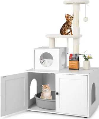 Produktbild von GOPLUS Katzenbaum mit Katzentoiletten, 2-in-1 Moderner Kratzbaum mit Katzenhaus, Kuscheliger Plattform, Sisal-Kratzpfosten, Hängendem Ball, 77,5x49x132 cm (Weiß)