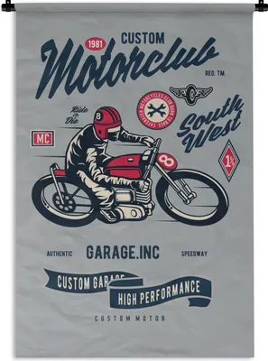 Produktbild von MuchoWow® Wandteppich Wandbehang Motorrad - Kleidung - Retro 90x135 cm Tapisserie Dekoration Wandtuch - Baumwolle - Wandskulptur