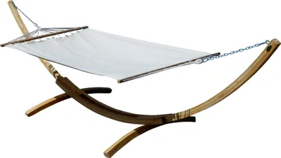Produktbild von ALEOS. 400cm XXL Hängemattengestell Gestell aus Holz Lärche hell mit Stab Hängematte Creme 120x200 cm
