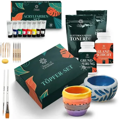 Produktbild von Home of Creations Töpferset Erwachsene | Lufttrocknender Ton mit Acrylfarben | DIY Bastelset Keramik Anfanger Geschenk