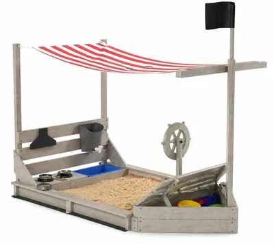 Produktbild von Piratenschiff Sandkasten mit Sonnendach und Spielküche, Kinder Sandkiste aus Massivholz, 180 x 103 x 144,5 cm, Grau, inkl. Edelstahlset & Stauraum