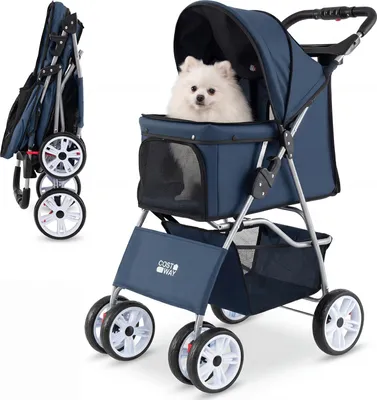 Produktbild von COSTWAY Hundewagen klappbar, Hundebuggy mit verstellbarem Vordach, Netzfenstern, Korb & Getränkehalter, Haustierwagen, Katzenwagen bis 15 kg Blau