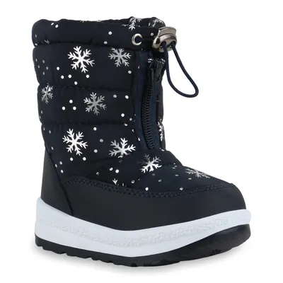 Produktbild von Mytrendshoe Kinder Warm Gefütterte Winter Boots Metallic Stiefel Prints Schuhe 836091, Farbe: Dunkelblau Silber Muster Metallic, Größe: 24