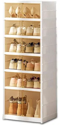 Obrázek produktu pro Úložný prostor na boty – botník a boxy na boty s dvířky – 6 polic – skládací – stohovatelné – plast – 44 x 34,5 cm
