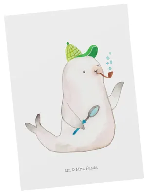 Produktbild von Mr. & Mrs. Panda Postkarte Robbe Sherlock - Weiß - Geschenk, Ansichtskarten, Lustige Sprüche, Grußkarte, Postkarten, bildkarte, Fotokarte
