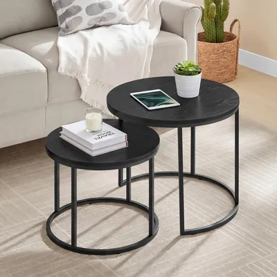 Produktbild von Couchtisch 2er Set Rund Beistelltisch Loft Design 2 in 1 Verschachtelung kratzfeste Oberfläche, Wohnzimmer Marmor Optik mit schwarzen Beinen