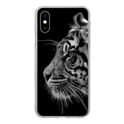 Produktbild von MuchoWow® Handyhülle Schutzhülle Hülle für iPhone X Tiger auf schwarzem Hintergrund in schwarz und weiß Silikon Softcase Handy Hülle - Handyhülle