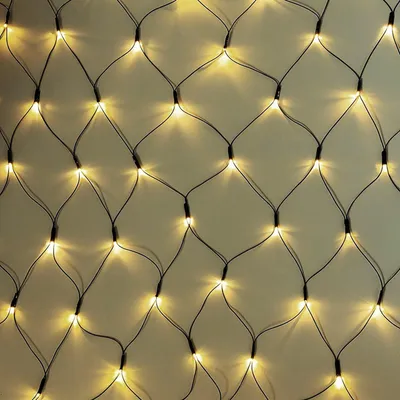 A close-up view of a net light string with warm white LED lights against a light gray background.