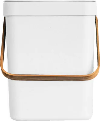A white rectangular bin with a wooden handle and trim.