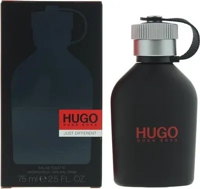 A black bottle of Hugo Boss 'Just Different' Eau de Toilette is shown next to its packaging.